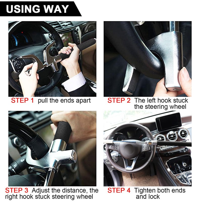 Tevlaphee Steering Wheel Lock for Cars,Wheel Lock,Vehicle Anti-Theft Lock,Adjustable Length Clamp Double Hook Universal Fit Emergency Hammer Window Breaker Self Defense Heavy Duty Secure - Image 5